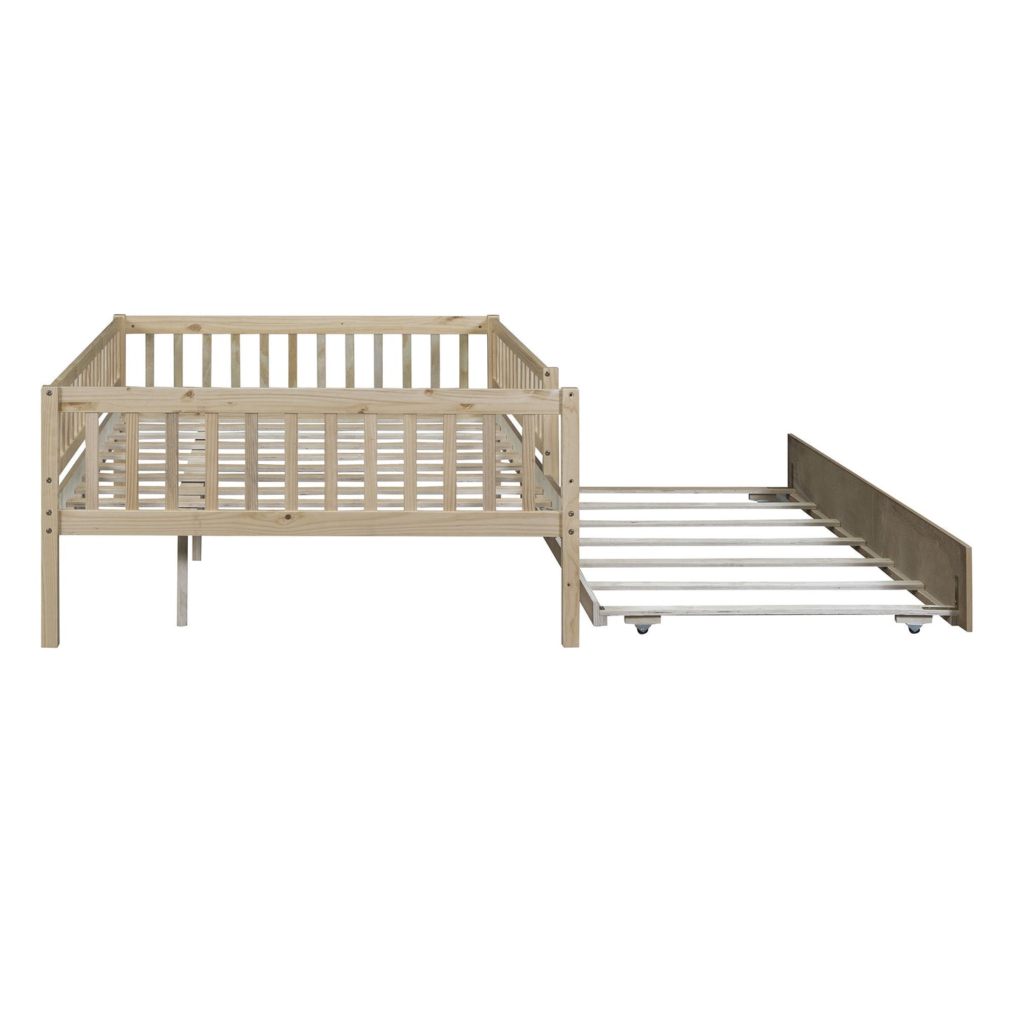 Full Size Daybed With Trundle And Fence Guardrails - Natural