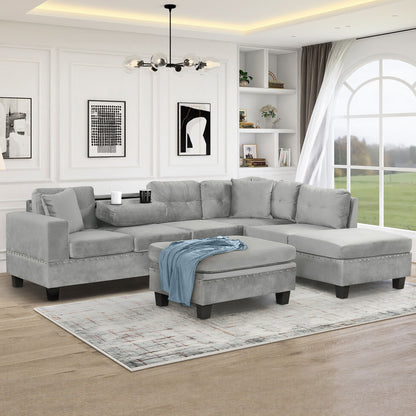 Modern Sectional Sofa With Storage Ottoman, L - Shape Couch With 2 Pillows And Cup Holders - Gray
