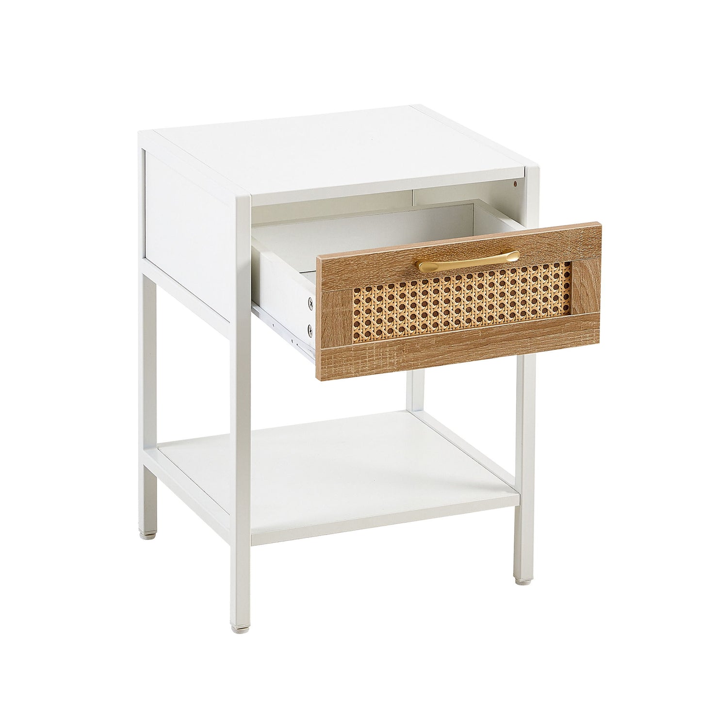 15.74" Rattan End Table With Drawer, Modern Nightstand, Metal Legs, Side Table For Living Room, Bedroom - White