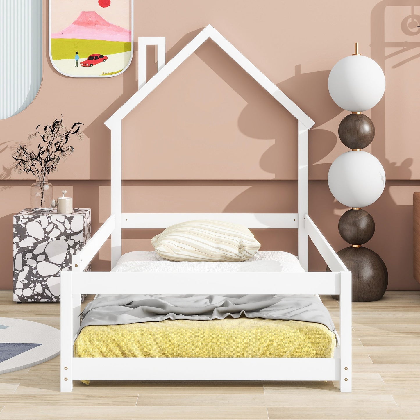 Twin Size Wood Bed With House-Shaped Headboard Floor Bed With Fences - White