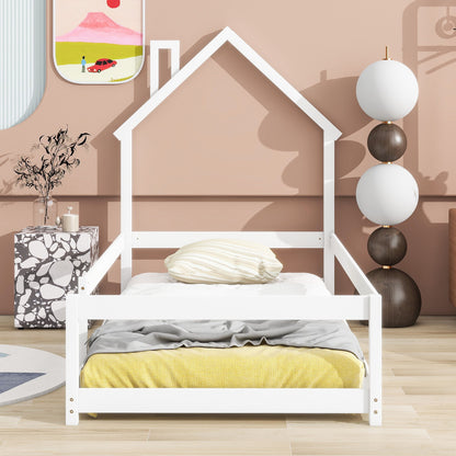 Twin Size Wood Bed With House-Shaped Headboard Floor Bed With Fences - White