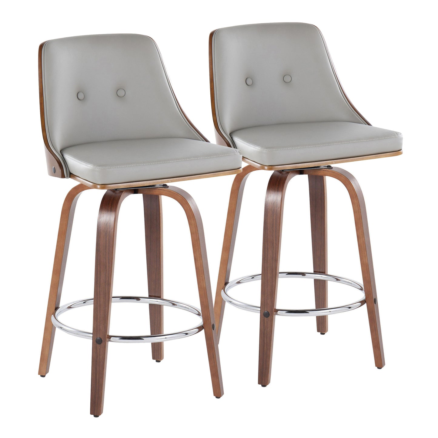 Gianna - Mid-Century Modern Fixed Height Counter Stool With Swivel With Round Footrest (Set of 2) - Walnut / Light Gray