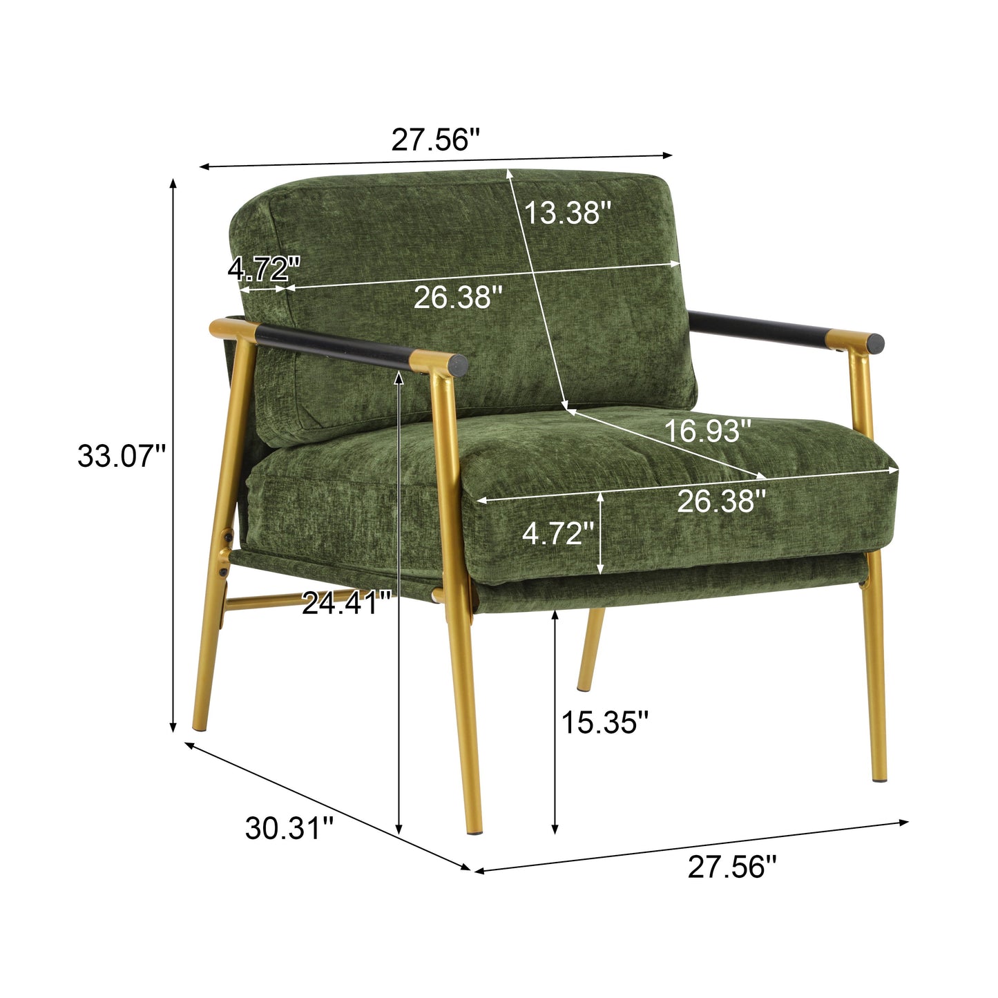 Modern Accent Chair With Plush Cushions, Minimalist Metal Frame, & Wooden Armrest Design - Gold / Green