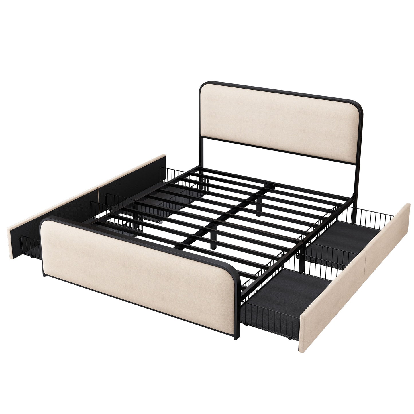 Modern Metal Bed Frame With Curved Upholstered Headboard And Footboard Bed With 4 Storage Drawers, Heavy Duty Metal Slats, King Size - Beige
