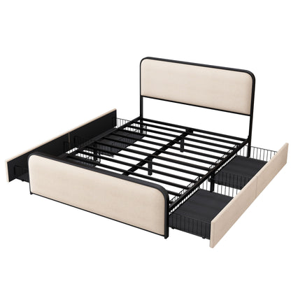 Modern Metal Bed Frame With Curved Upholstered Headboard And Footboard Bed With 4 Storage Drawers, Heavy Duty Metal Slats, King Size - Beige