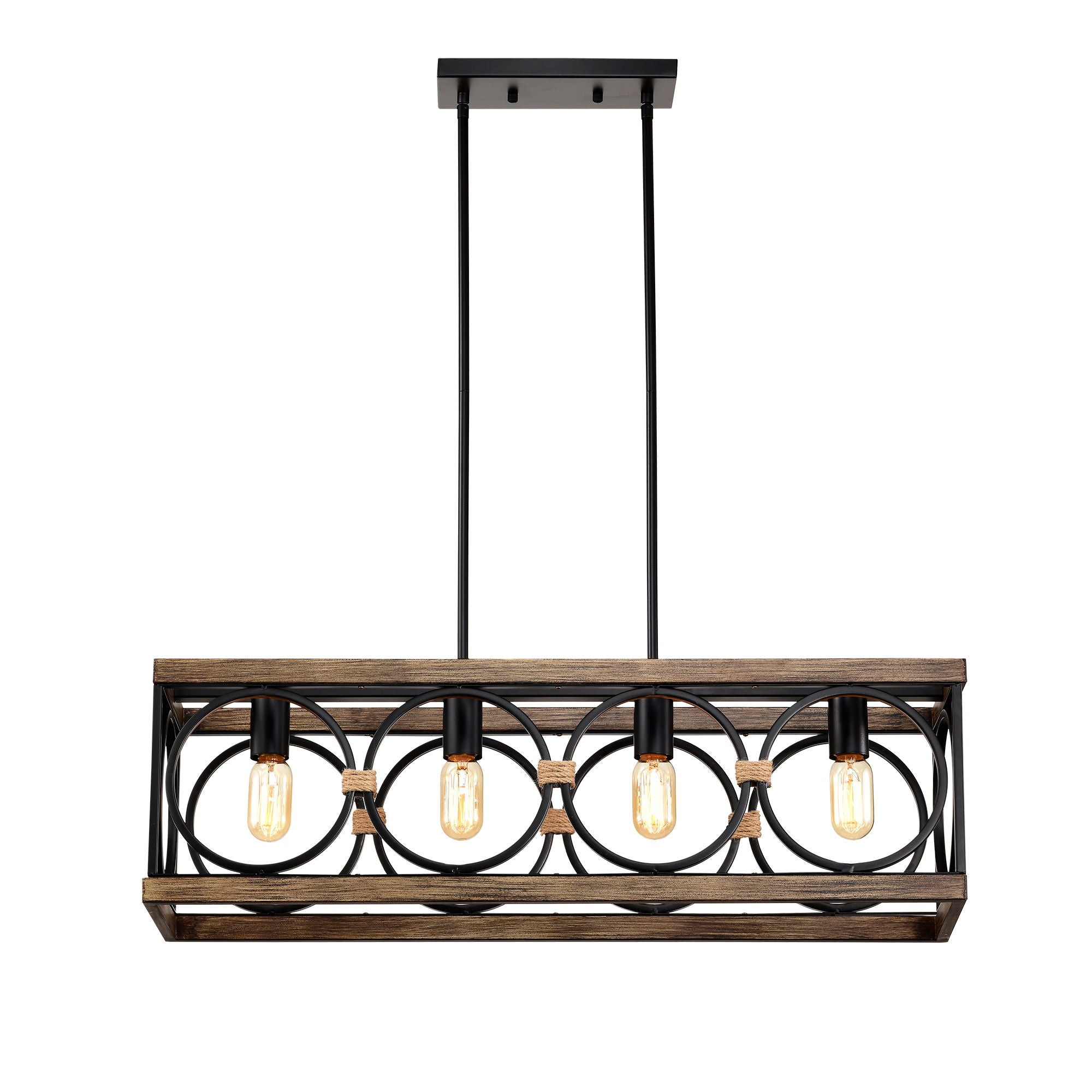 4 Light (Bulb No Included) Farmhouse Rectangle Pendant Light, Wood Texture Vintage Rustic Chandeliers Metal Industrial Hanging Light Fixtures For Kitchen, Entryway, Dining Room - Black / Natural