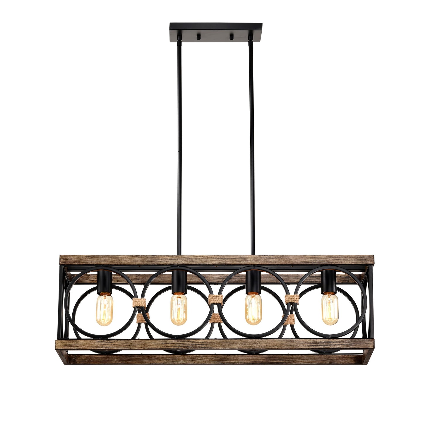 4 Light (Bulb No Included) Farmhouse Rectangle Pendant Light, Wood Texture Vintage Rustic Chandeliers Metal Industrial Hanging Light Fixtures For Kitchen, Entryway, Dining Room - Black / Natural