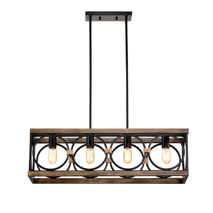 4 Light (Bulb No Included) Farmhouse Rectangle Pendant Light, Wood Texture Vintage Rustic Chandeliers Metal Industrial Hanging Light Fixtures For Kitchen, Entryway, Dining Room - Black / Natural