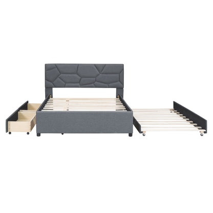 Full Size Upholstered Platform Bed With Brick Pattern Headboard, With Twin Size Trundle And 2 Drawers - Gray