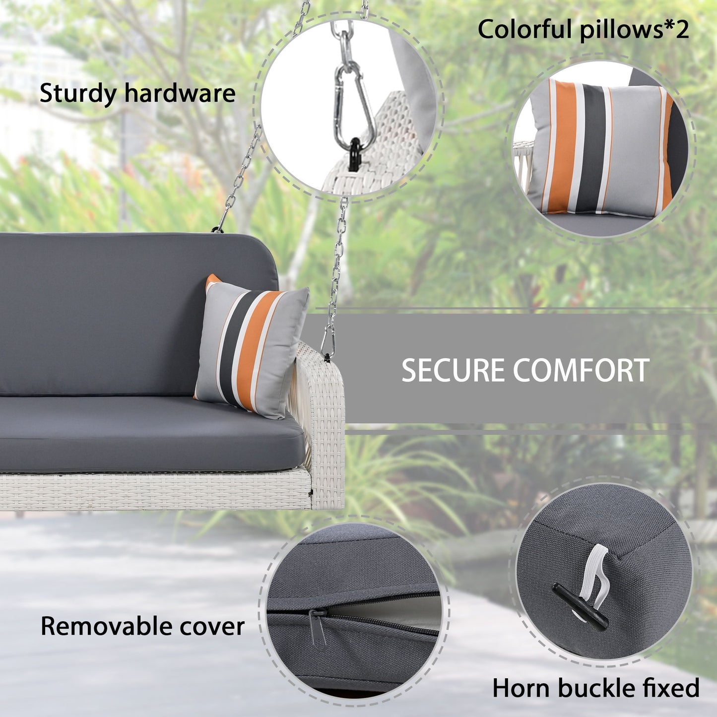 PE Wicker Porch Swing, 2 Seater Hanging Bench With Chains, Patio Furniture Swing For Backyard Garden Poolside - White / Gray