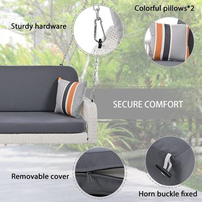 PE Wicker Porch Swing, 2 Seater Hanging Bench With Chains, Patio Furniture Swing For Backyard Garden Poolside - White / Gray