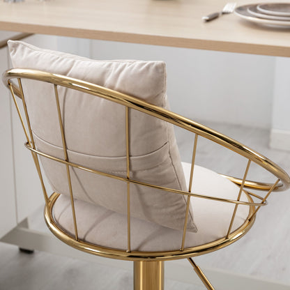 Velvet Bar Chair, Pure Gold Plated, Unique Design, 360 Degree Rotation, Adjustable Height, Suitable For Dining Room And Bar, (Set of 2) - Off White