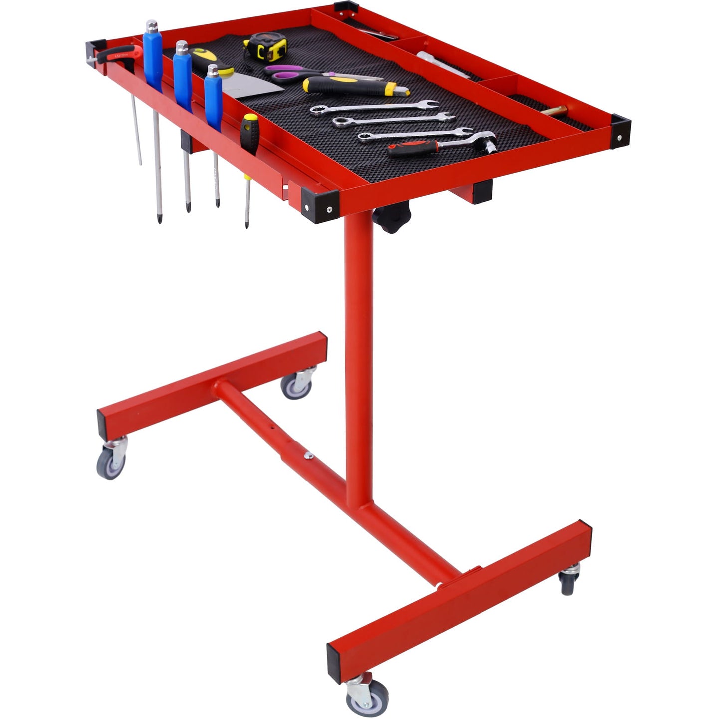 Adjustable Tear Down Work Table With Drawer For Garages, Repair Shops, And Diy, Portable, (4) 2.5" Swivel Casters, 220 Pound Capacity, Rubber Corners, Heavy Duty Steel - Red
