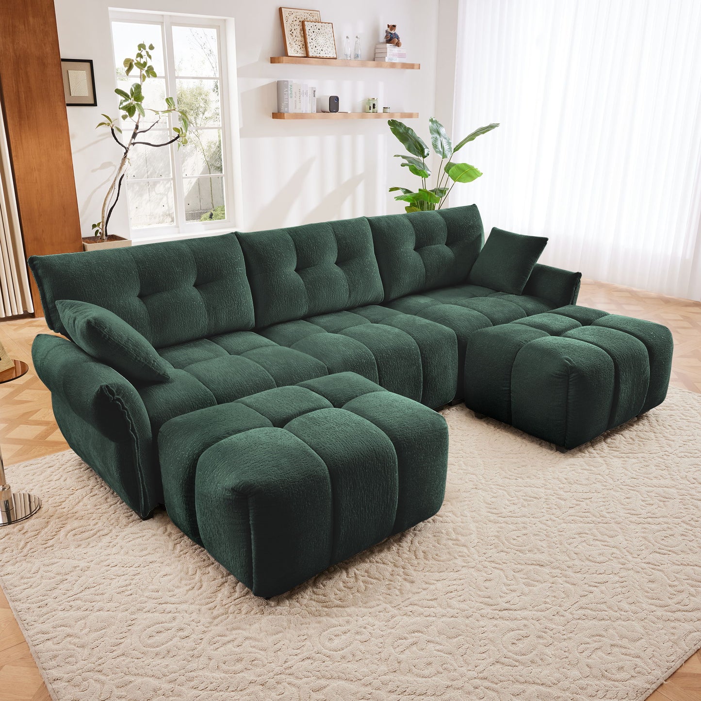 Elegant Textured 3 Seater Sofa Set With Ottoman And Throw Pillows Frame - Green