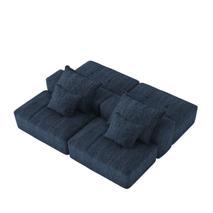 Modern Oversized Modular Sectional Sofa With 2 Ottoman And 2 Seat, Sparkling Chenille Fabric Soft Cushion Sofa With 4 Pillows, 4 Pieces Diy Combination Tufted Sofa, No Assembly Required - Blue