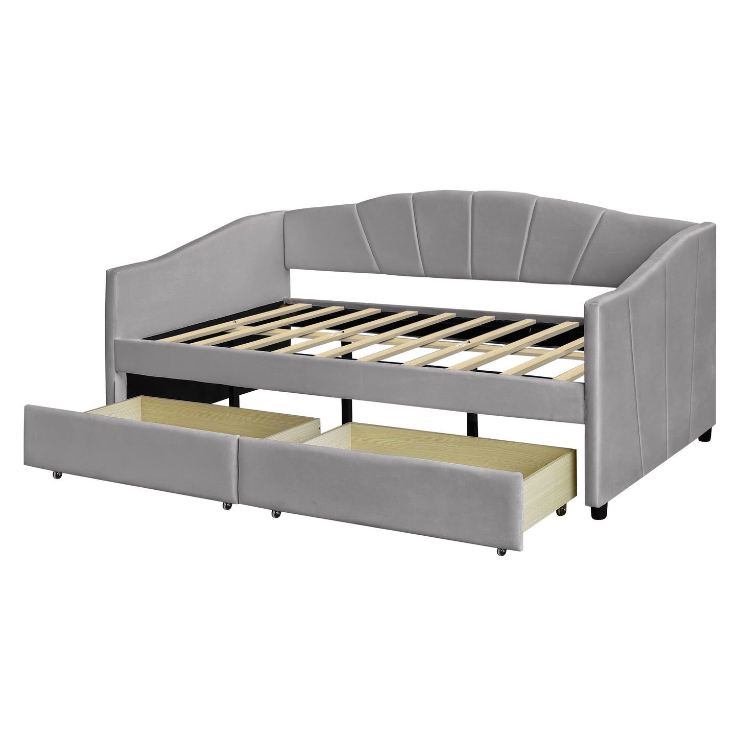 Twin Size Upholstered Daybed With Two Drawers And Slat - Gray
