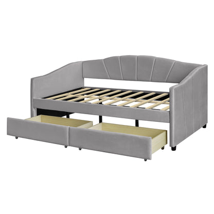 Twin Size Upholstered Daybed With Two Drawers And Slat - Gray