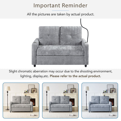 Modern Loveseat Pull Out Sofa Bed With Adjustable Backrest, Two Cup Holders, A Phone Holder, Three Charging Ports And Side Storage Pockets For Living Room - Gray
