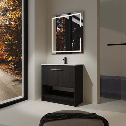 Modern 36" Bathroom Vanity With Ceramic Sink And Soft Closing Doors - Dark Oak