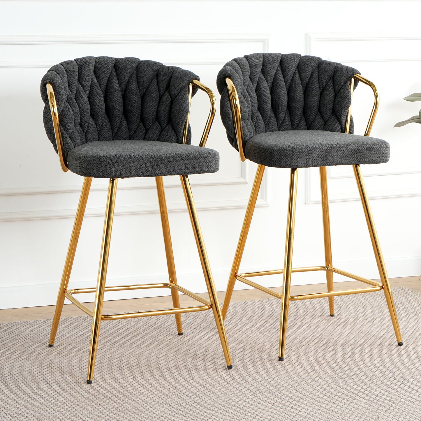Modern Design High Stool With Gold Plated Legs For Kitchen Dining Linen (Set of 2) - Dark Gray