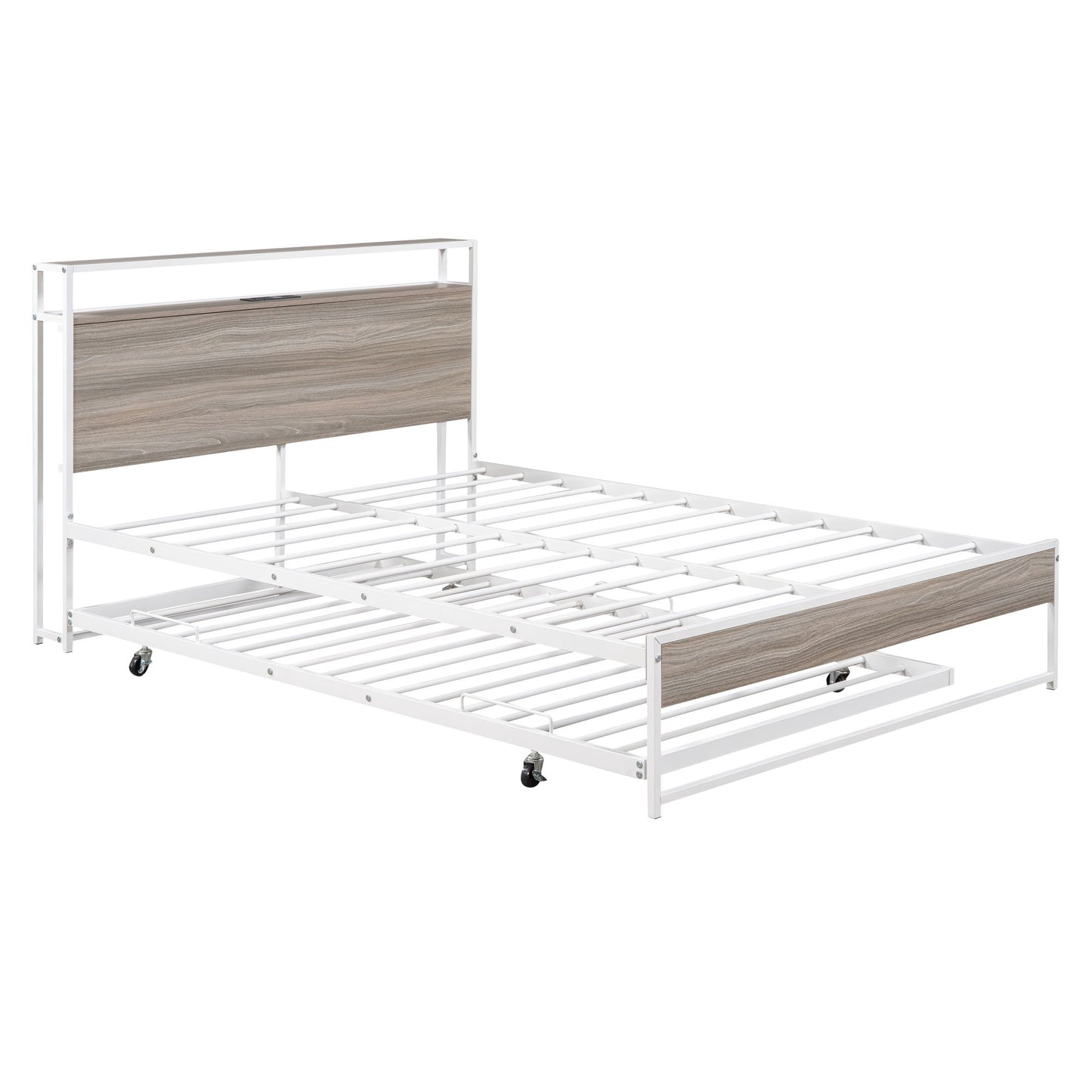 Full Size Platform Bed Frame With Trundle, USB Ports And Slat Support, No Box Spring Needed - White