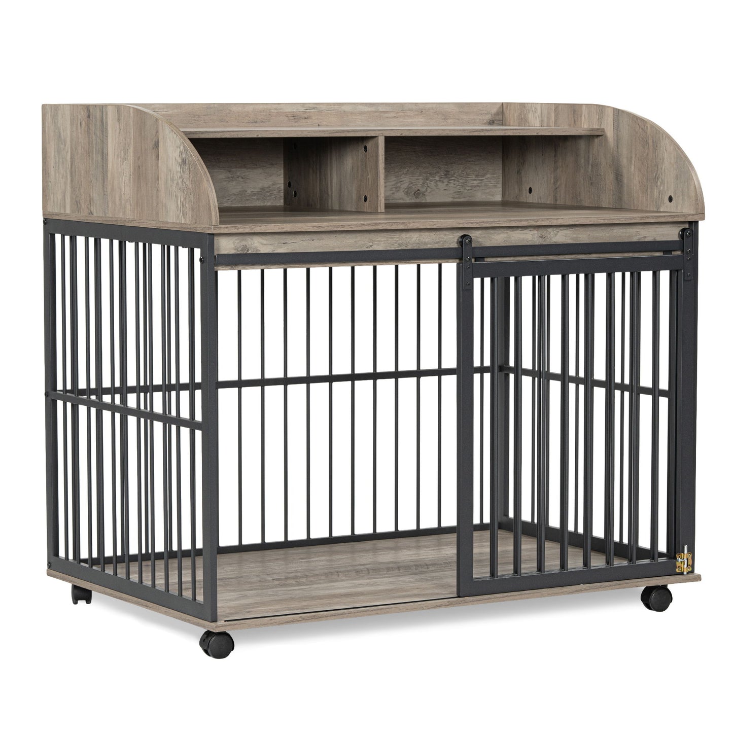 44'' Heavy Duty Large Dog Crate Furniture For Large Medium Dog With Lockable Wheels, Wooden Dog Crate Dog Kennel, End Table Crate With Double Layer Storage - Gray