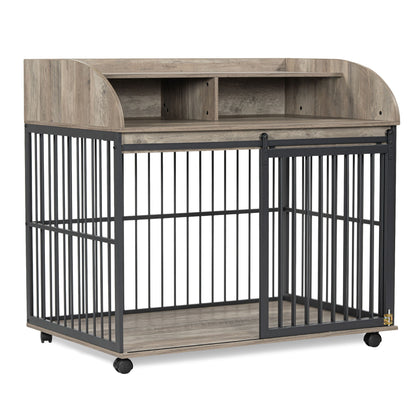 44'' Heavy Duty Large Dog Crate Furniture For Large Medium Dog With Lockable Wheels, Wooden Dog Crate Dog Kennel, End Table Crate With Double Layer Storage - Gray