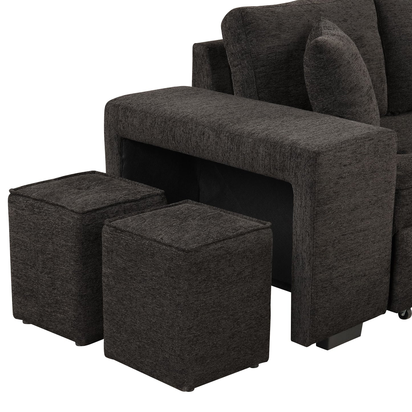 Modern L-Shape 3 Seat Reversible Sectional Couch, Pull Out Sleeper Sofa With Storage Chaise And 2 Stools For Living Room Furniture Set - Charcoal Gray