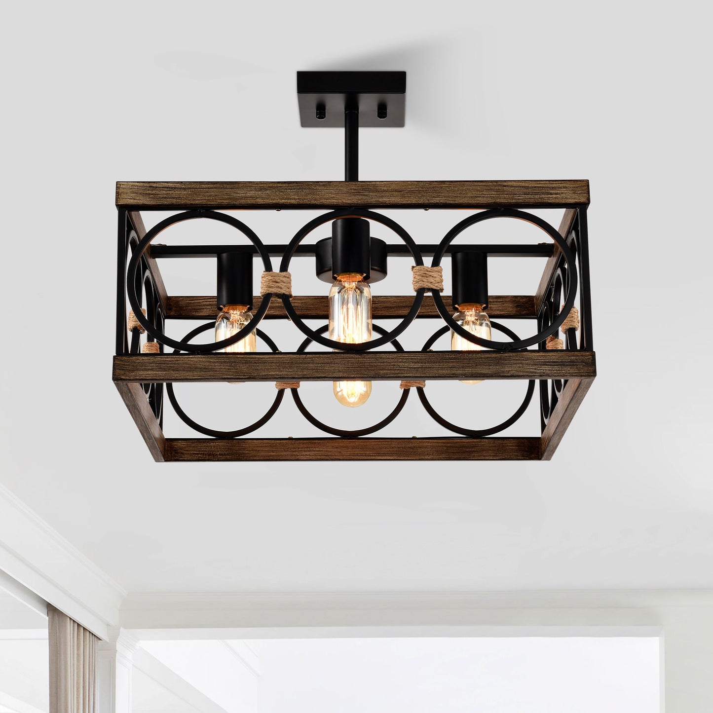 4 Light Square Kitchen Island Lights Ceiling Light Farmhouse Dining Room Light Fixture, Wood And Metal Rectangular Ceiling Light, Ceiling Lighting For Living Room, Conference Room, Home Office - Black