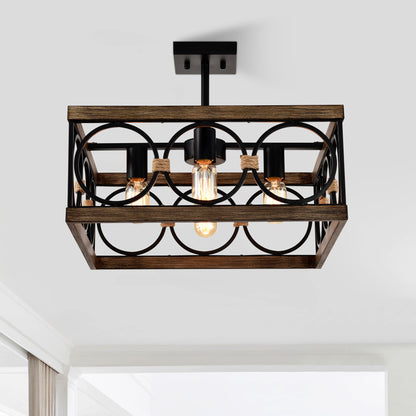 4 Light Square Kitchen Island Lights Ceiling Light Farmhouse Dining Room Light Fixture, Wood And Metal Rectangular Ceiling Light, Ceiling Lighting For Living Room, Conference Room, Home Office - Black