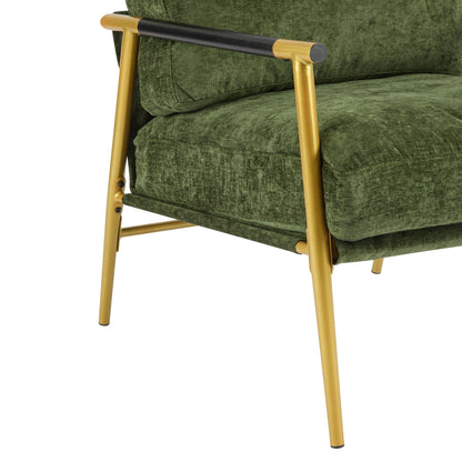 Modern Accent Chair With Plush Cushions, Minimalist Metal Frame, & Wooden Armrest Design - Gold / Green
