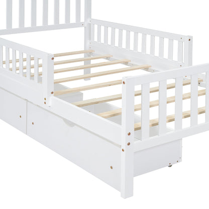 Twin Size Platform Bed With Guardrails On Both Sides And 2 Storage Drawers - White
