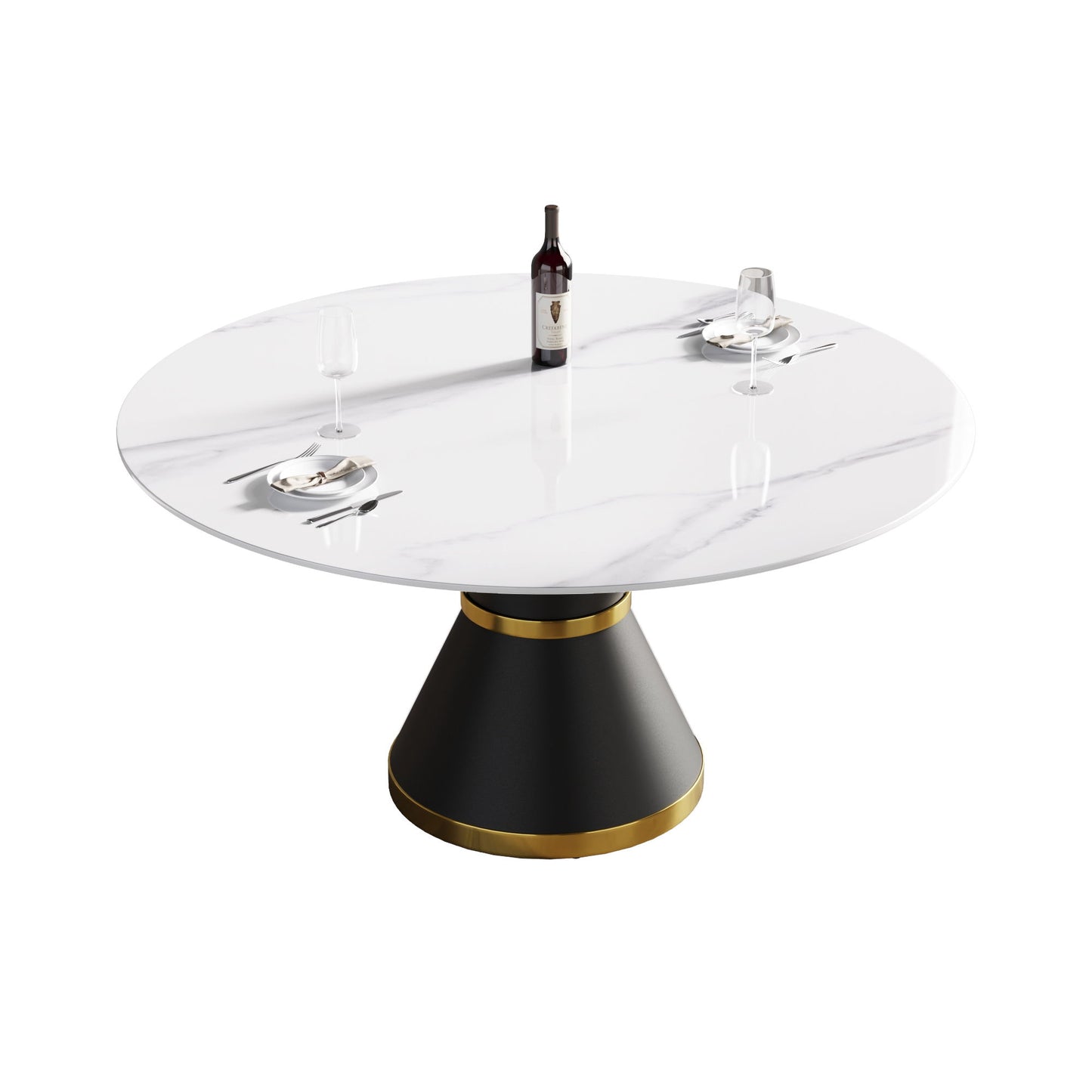 59.05" Modern Artificial Stone Round Carbon Steel Base Dining Table, Can Accommodate 6 People - White / Black