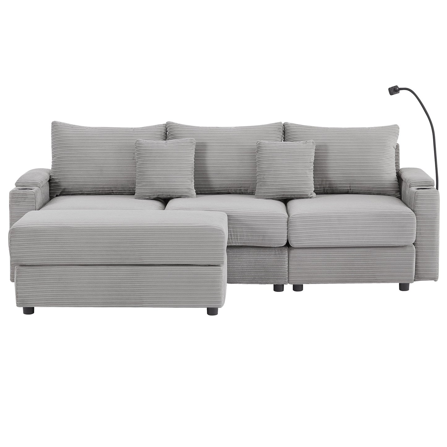 Modern Style 3 - Seater Sofa Sectional Sofa Couch With Storage Space, A Movable Ottoman, Two USB Ports, Two Cup Holders, A Phone Holder For Living Room - Gray
