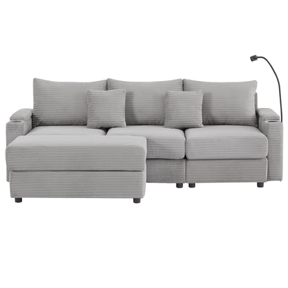 Modern Style 3 - Seater Sofa Sectional Sofa Couch With Storage Space, A Movable Ottoman, Two USB Ports, Two Cup Holders, A Phone Holder For Living Room - Gray