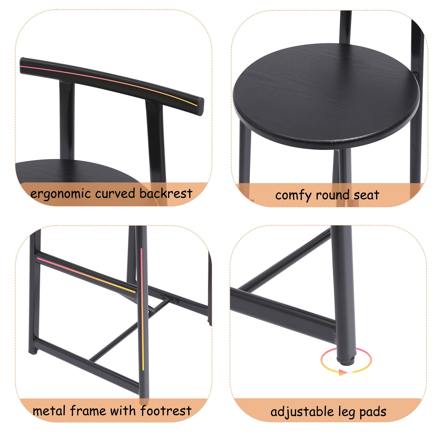 Modern Kitchen Bar Stools (Set of 3) With Footrest - Black