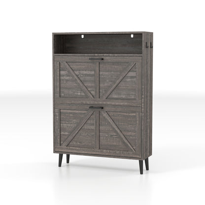 Farmhouse Shoe Storage Cabinet With Barn Door Design, 2 Flip Drawers, Hooks - Dark Oak