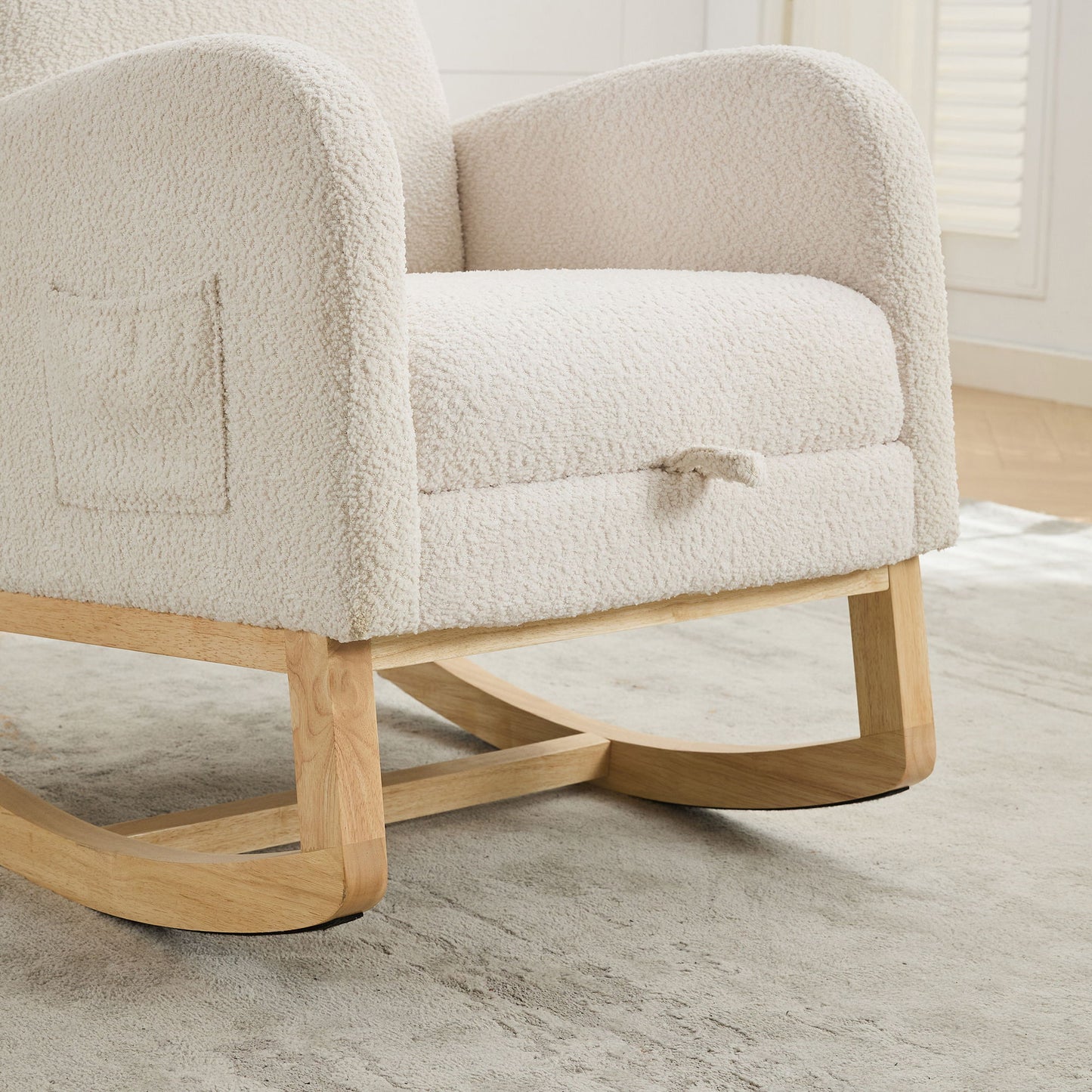 Rocking Chair For Nursery, High Back Glider With Retractable Footrest, Boucle Upholstery, Rubber Wood Legs - Ivory