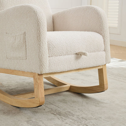 Rocking Chair For Nursery, High Back Glider With Retractable Footrest, Boucle Upholstery, Rubber Wood Legs - Ivory