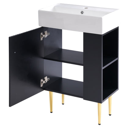 Bathroom Vanity, Combo Cabinet, Bathroom Storage Cabinet, Single Ceramic Sink, Right Side Storage - Black
