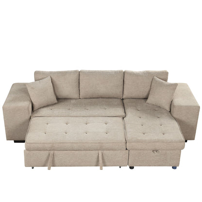 Modern L-Shape 3 Seat Reversible Sectional Couch, Pull Out Sleeper Sofa With Storage Chaise And 2 Stools For Living Room Furniture Set - Cream