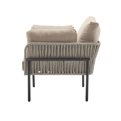 Modern Iron Lounge Chair With Rope Weave And Plush Cushions For Indoor / Outdoor Relaxation - Beige / Gray