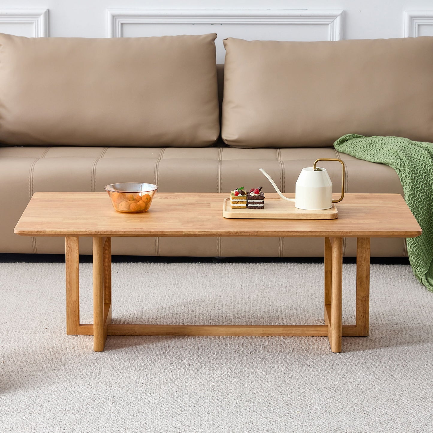 Rubber Wood And Solid Wood Coffee Table Modern Minimalist Rattan Weaving Design, Living Room Balcony, Multifunctional Small Sized Furniture - Natural