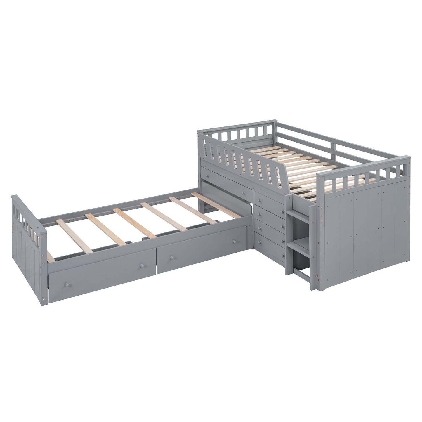 Twin Loft And Platform Bed With 7 Drawers And Full Guardrails, Modern L Shaped Space Saving - Gray
