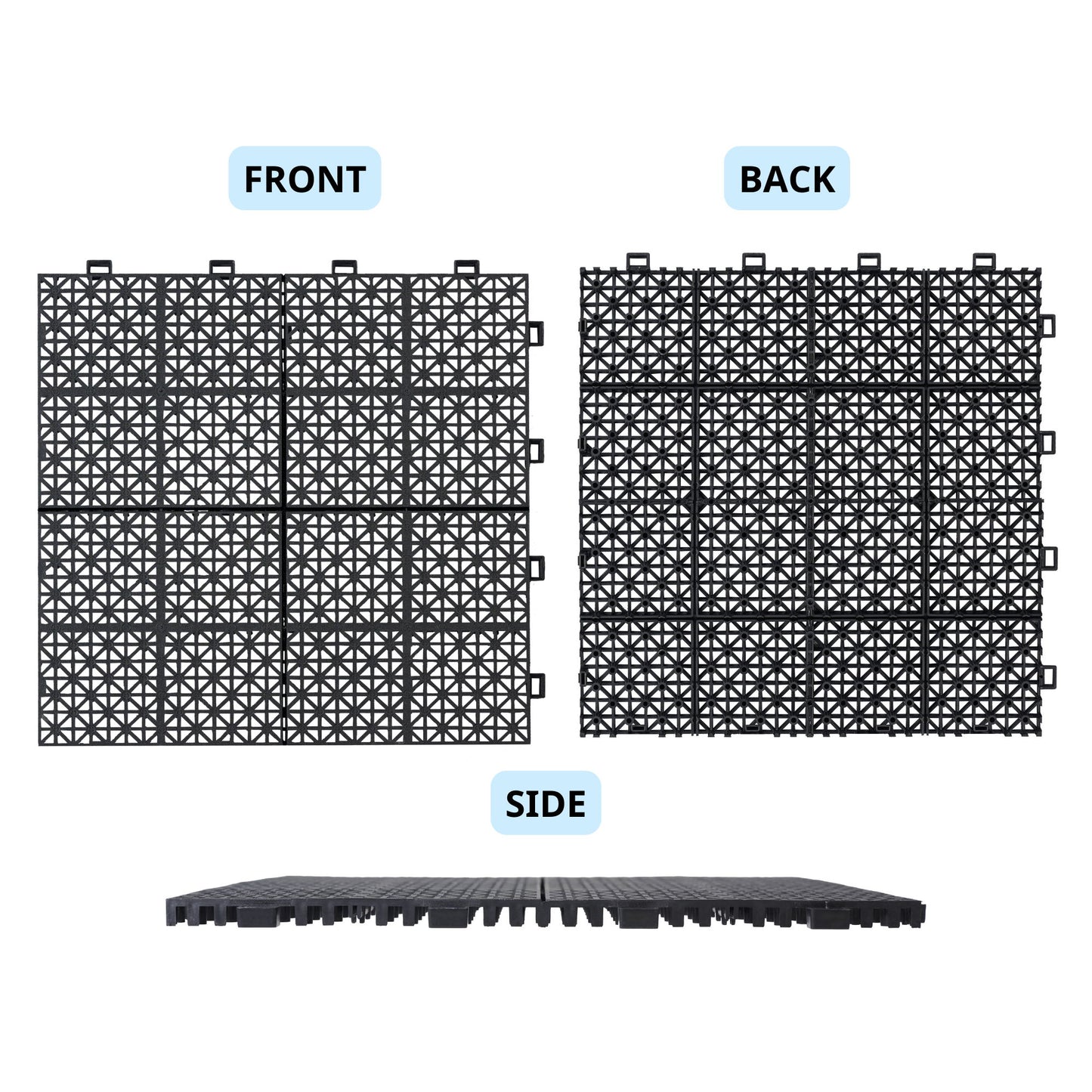 Interlocking Deck Tiles Plastic Waterproof Outdoor All Weather Anti-Slip Bathroom Shower Balcony Porch Strong Weight Capacity Upto 6613 Lbs, Rosette Pattern Pack Of 12 - Black