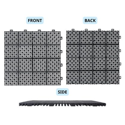 Interlocking Deck Tiles Plastic Waterproof Outdoor All Weather Anti-Slip Bathroom Shower Balcony Porch Strong Weight Capacity Upto 6613 Lbs, Rosette Pattern Pack Of 12 - Black