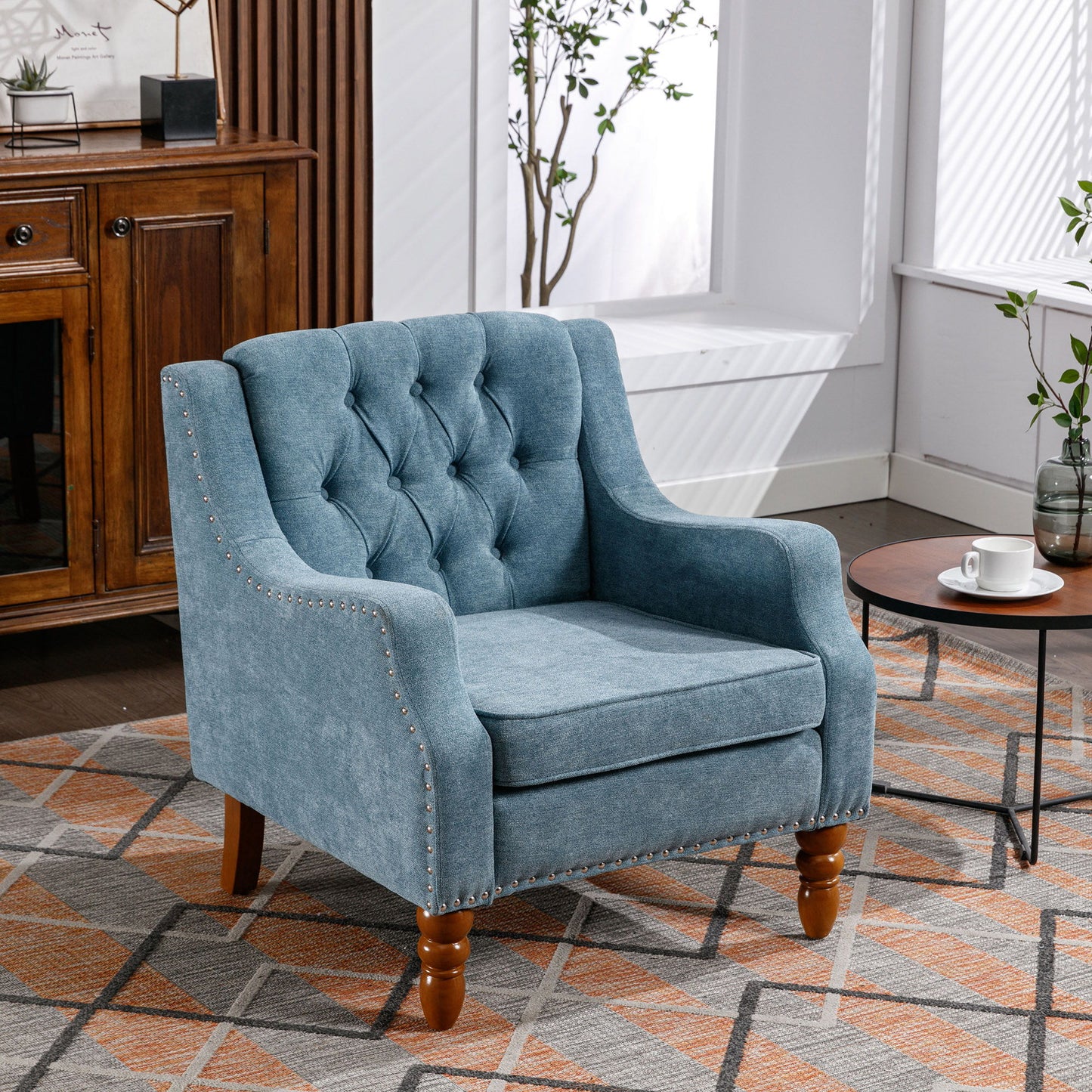 Accent Chair, Living Room Chair, Footrest Chair Set With Vintage Brass Studs, Button Tufted Upholstered Armchair For Living Room, Comfy Reading Chair For Bedroom, Reception Room - Blue