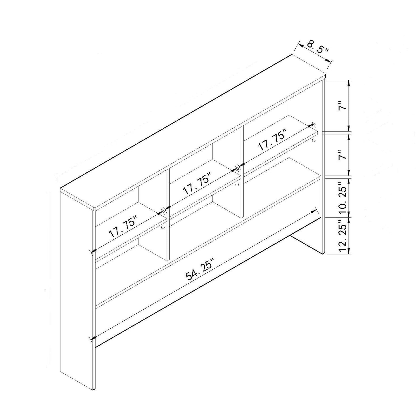 Full Bookcase Headboard 6 Shelves 3 Shelves Adjustable Top Panel Rounded Corners - Hazelnut