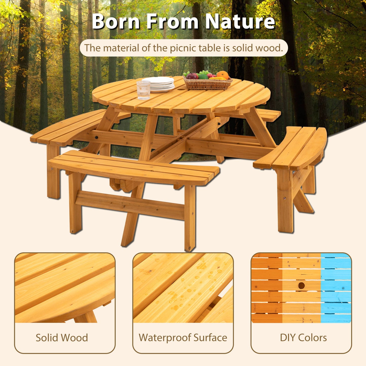 8 Person Wooden Picnic Table, Outdoor Camping Dining Table With Seat, Garden, Diy With 4 Built-In Benches, 2220Lb Capacity - Natural