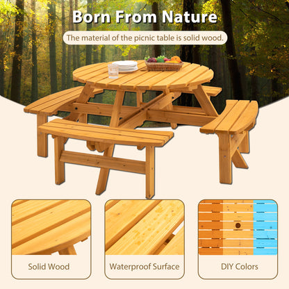 8 Person Wooden Picnic Table, Outdoor Camping Dining Table With Seat, Garden, Diy With 4 Built-In Benches, 2220Lb Capacity - Natural